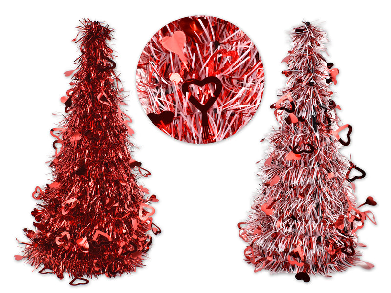 10in Vtine 2-Ply Tinsel Tree w/Die-Cut Hearts. 2 Asst.Styles. Cht.