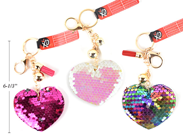 6-1/3in Sequin Heart Keychain. Heart Size: 3-1/3in x 2.75in. 2Asst.Cht.