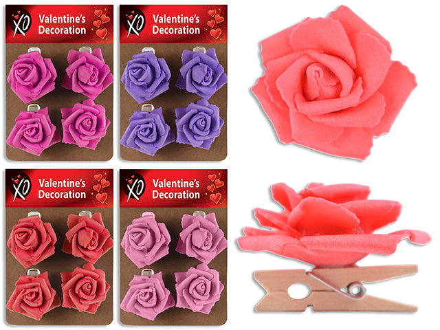 Valentines Foam Rose Wooden Clips