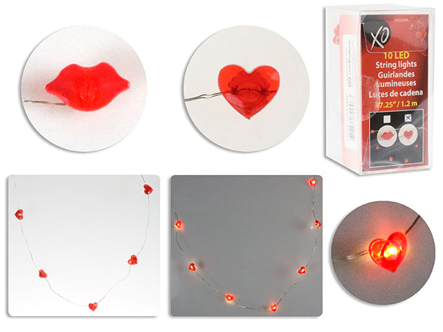 47.25in B/O 10-LED V'tine Icon Stringlights. 2 Asst: Lips / Heart. PVC Box w/Col.Insert.