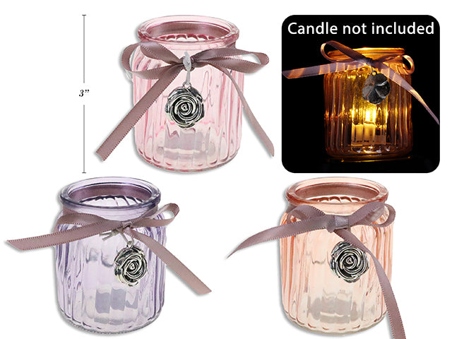 3in V'tine Distressed Glass Candle Holder w/ Pewter Rose Toggle + Satin Ribbon. 3 Asst.Cols.