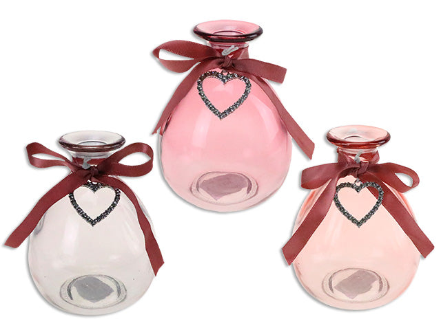 Valentines Tinted Glass Vase With Heart Toggle And Satin Ribbon