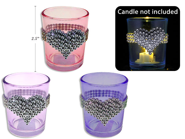 Valentines Tinted Glass Candle Holder With Jeweled Heart Band