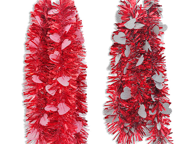 9ft x 3ply Vtine Gingham Die-Cut Heart Chunky Tinsel Garland. 3in Tips. 2 Asst. h/c.