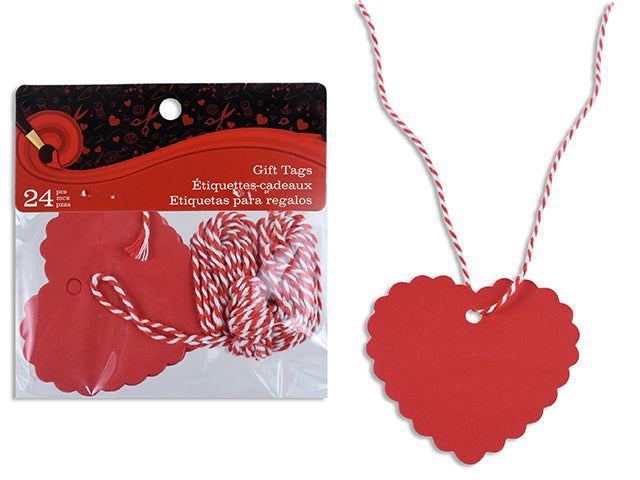 24pk 2-3/8in(H) x 2.5in(W) Paper Heart Gift Tags w/2-Tone Twisted Rope. Pbh.