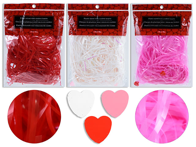 1.75oz V'tine Iridescent Plastic Shred w/Confetti Hearts. 3 Asst.Colours. Pbh.