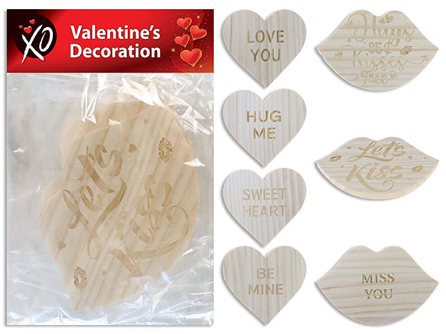 5In V'Tine Engraved Die-Cut Lips /Heart Wooden Decoration. 8 Asst.Styles. Pbh.