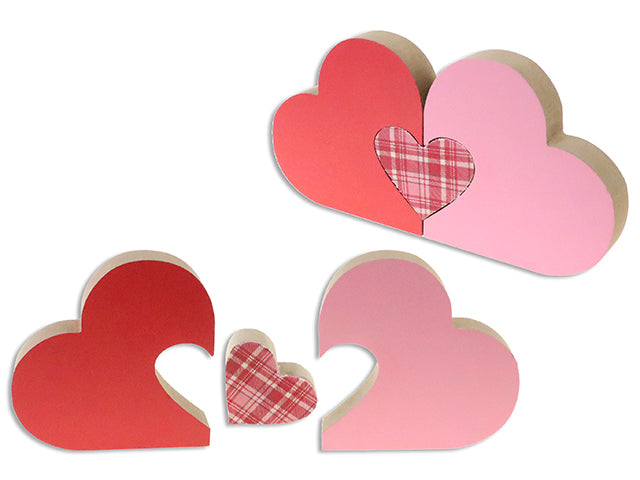 8-5/8in Plaid 3pcs Puzzle Heart Tabletop Decoration. Brown Box w/Colour Label.