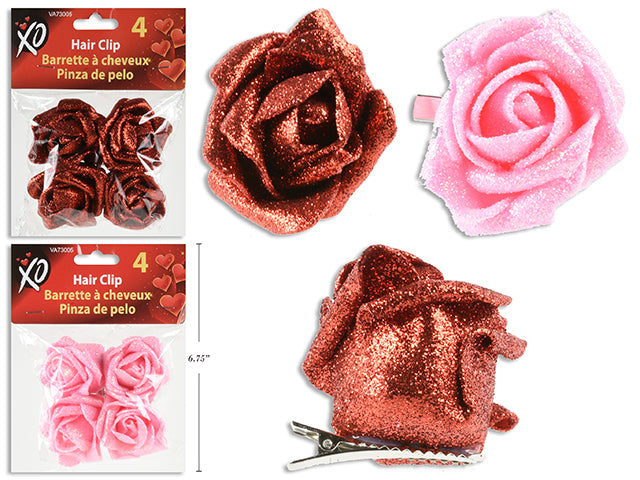 4pk 2in V'tine Glitter Rose Clips. 2 Cols: Red / Pink. T.o.c.