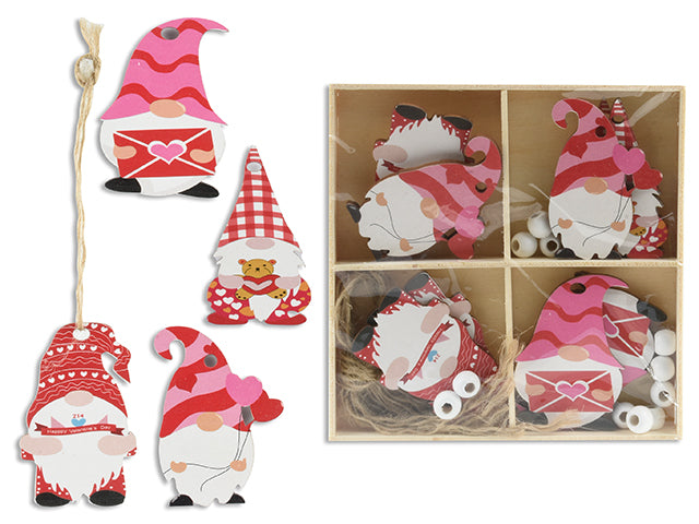 12pk 2.5in V'tine Gnome Die-Cut Wooden Decor in Wooden Box. 4 Designs/Pack. Shrink Wrap.