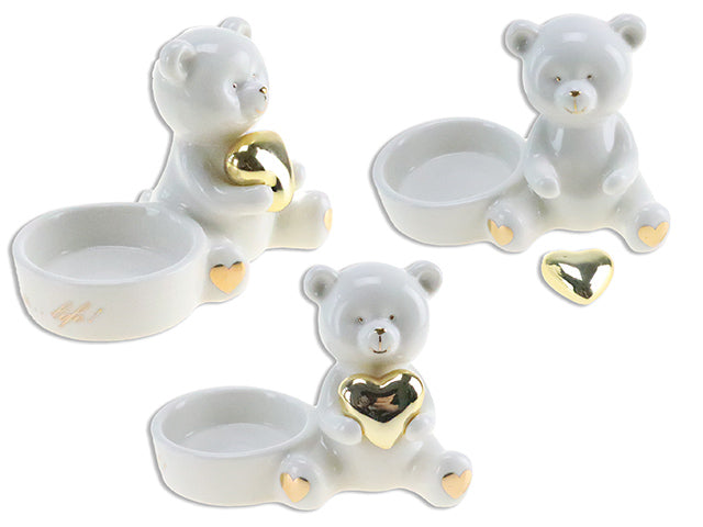 4in V'tine Ceramic White Bear w/Gold Accent T-Light Candle Holder.