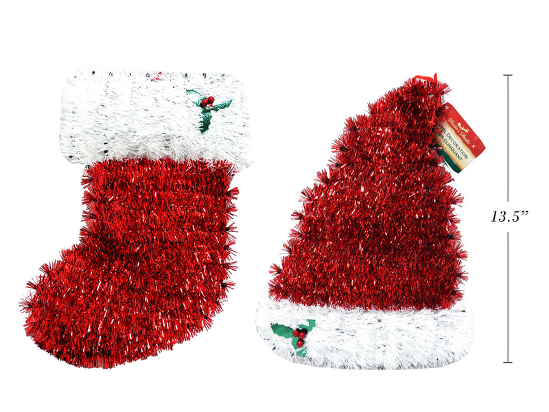 Christmas Tinsel Hat Stocking With Holly Leaf