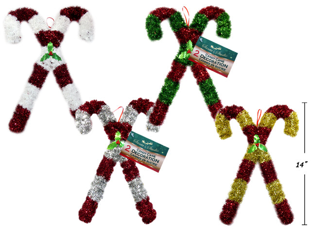 Tinsel Criss Cross Candy Cane Hanging Decoration