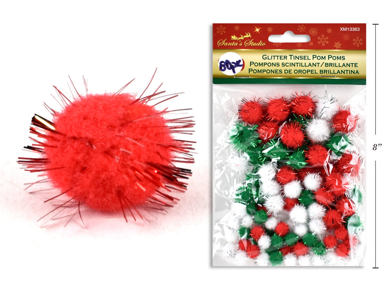 Christmas Glitter Tinsel Pom Poms Assortments 80 Pack