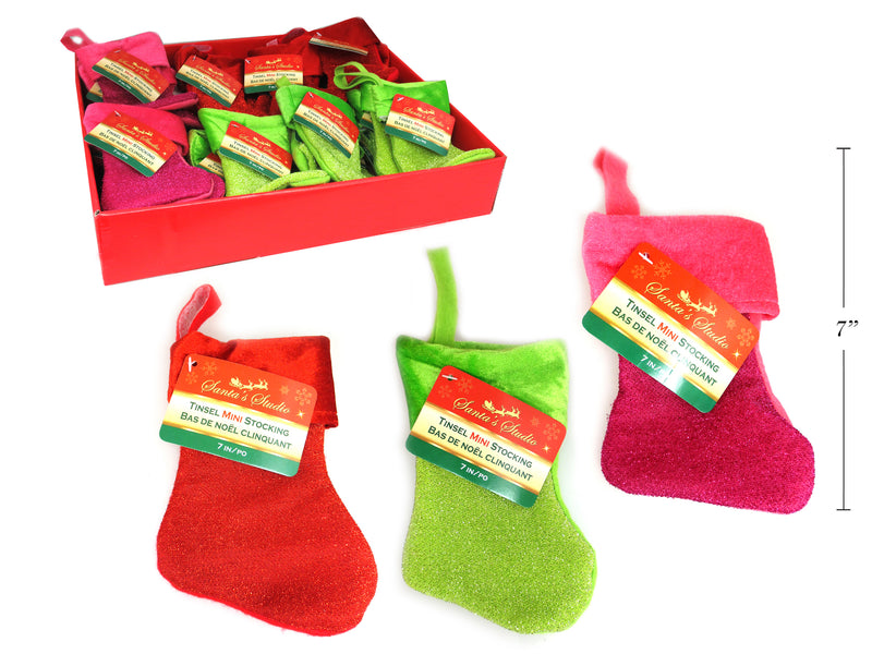 Christmas Tinsel Mini Stocking With Velvet Trim In PDQ