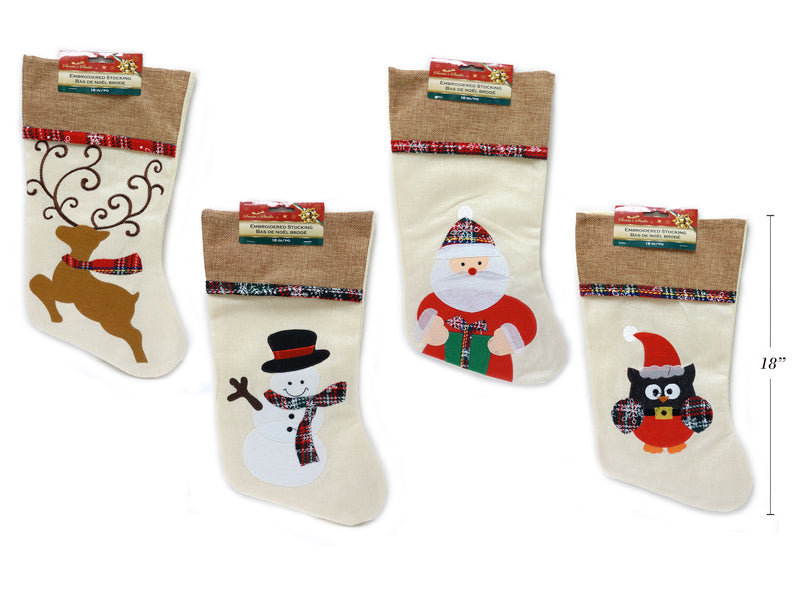 Christmas Burlap Embroidered Character Stocking With Knitted Border