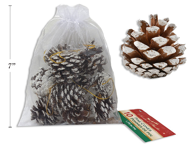 Snow Dusted Pine Cones In Organza Drawstring Bag 10 Pack