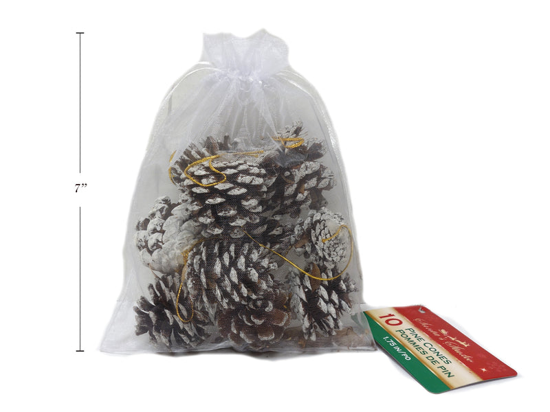 Snow Dusted Pine Cones In Organza Drawstring Bag 10 Pack