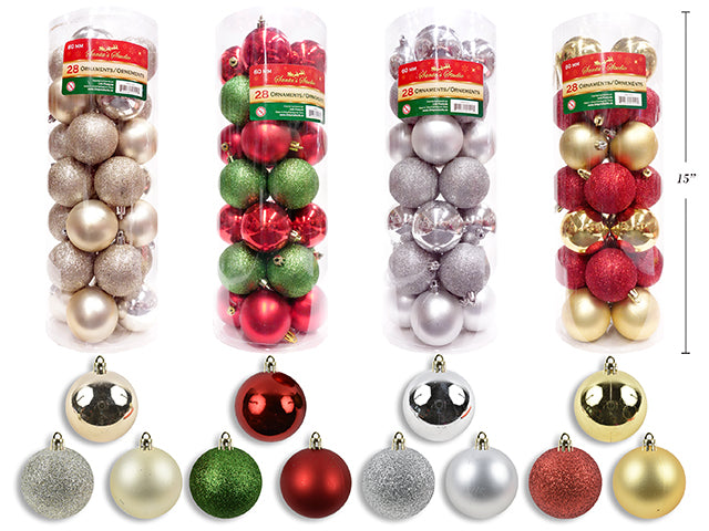 Christmas Glitter Matte Shiny Fashion Ornament In PVC Tube 28 Pack