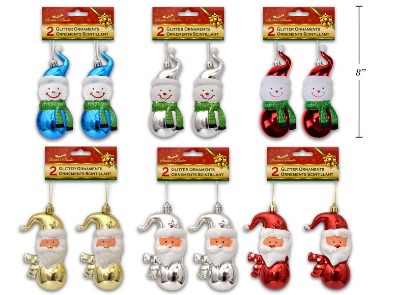 Christmas Santa Snowman Glitter Ornament 2 Pack