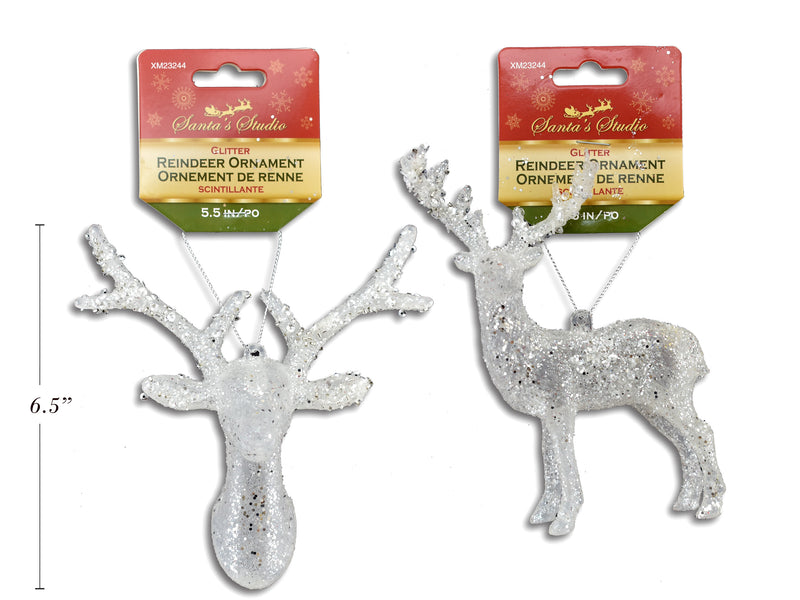 Christmas White Glitter Reindeer Ornament