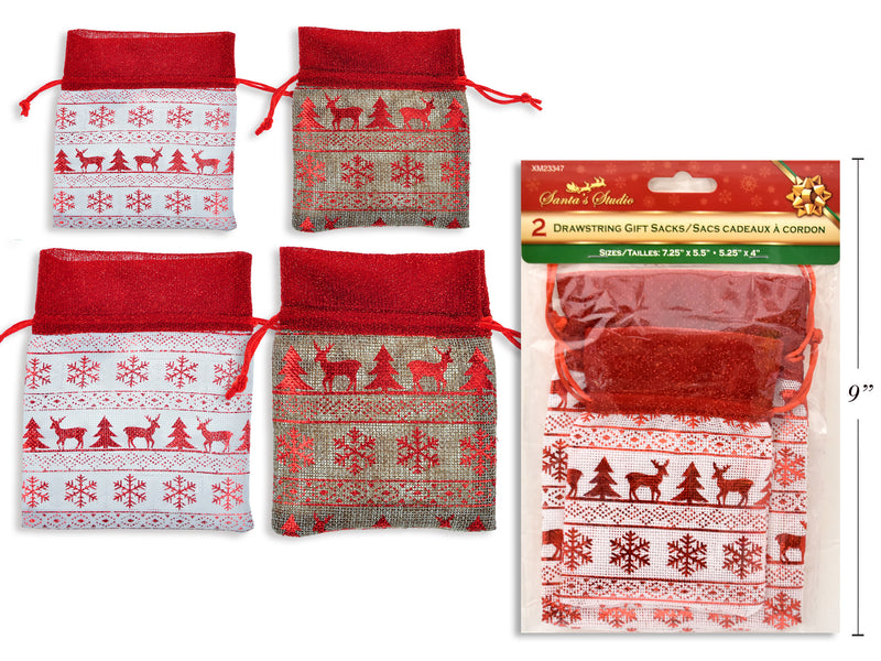 Christmas Burlap Reindeer Draw String Gift Sack 2 Pack