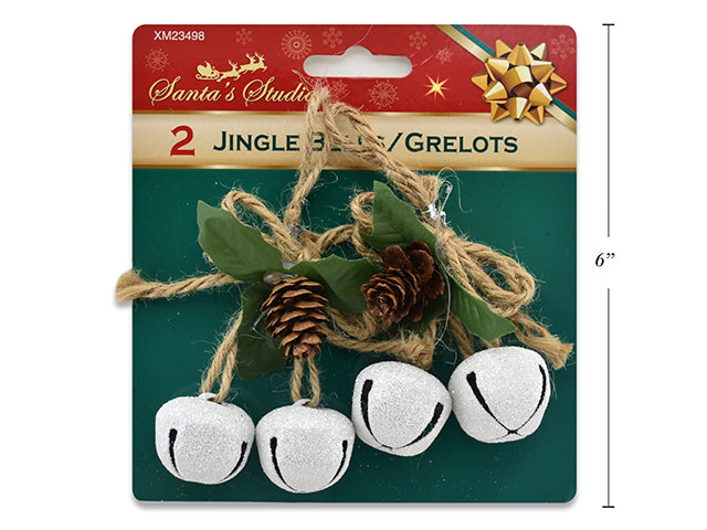 Christmas White Metal Jingle Bells With Holly Leaf 2 Pack