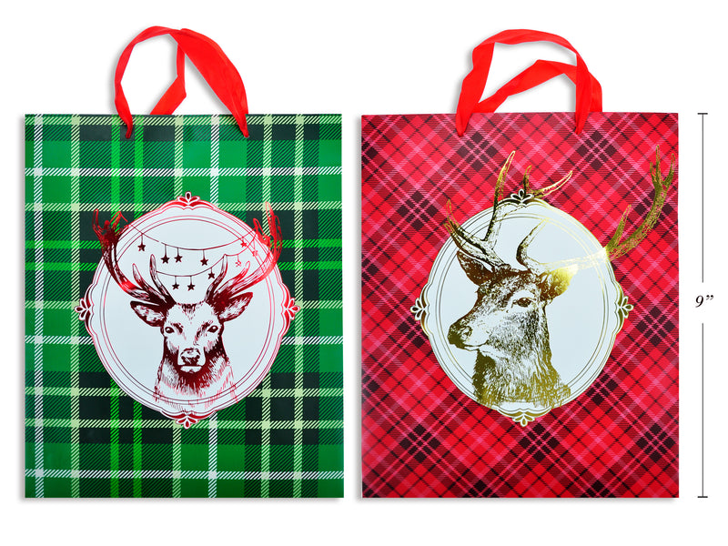 Christmas Matte Tartan Deer Mantle Gift Bag Medium