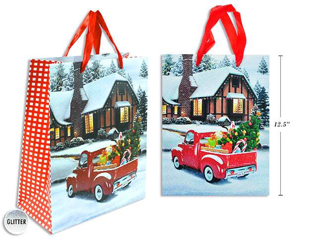 Christmas Matte Log Cabin Vintage Vehicle Gift Bag
