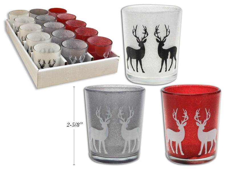 Christmas Sand Blasted Reindeer Glass Candle Holder