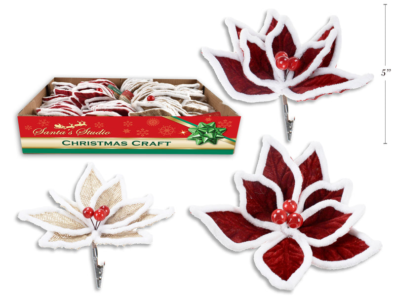 Fleece Outlined Poinsettia Flower Clips With Holly Berries