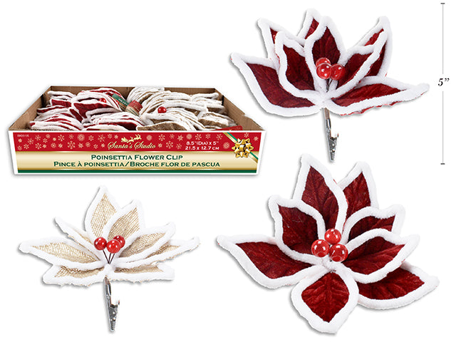 Fleece Outlined Poinsettia Flower Clips With Holly Berries