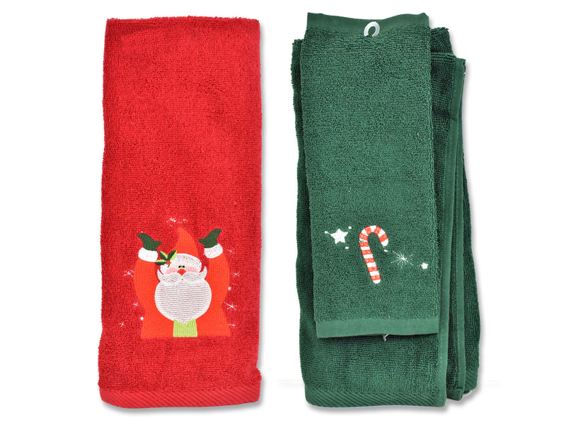 Set/2 Xmas Embroidered Cotton Hand/Finger Towel   Size: 28in x 16in / 11 x 11in/ Pack. 2 Ast. J-Hook