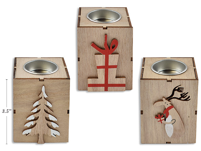 3.5In X 2.75In Xmas Mdf Rectangular Candle Holder W/Die-Cut Tip-On. 3 Asst.