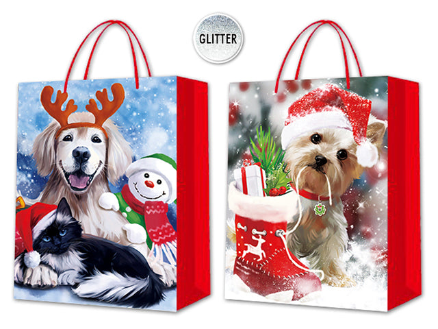 Christmas Matte Photographic Dog Large Gift Bag With Glitter