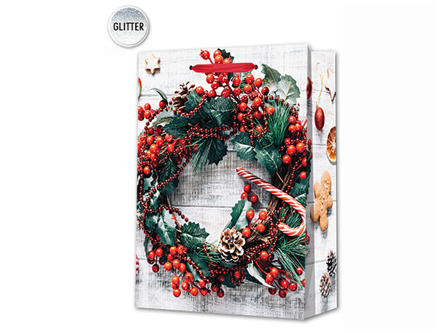 Christmas Matte Photographic Wreath Large Gift Bag With Glitter