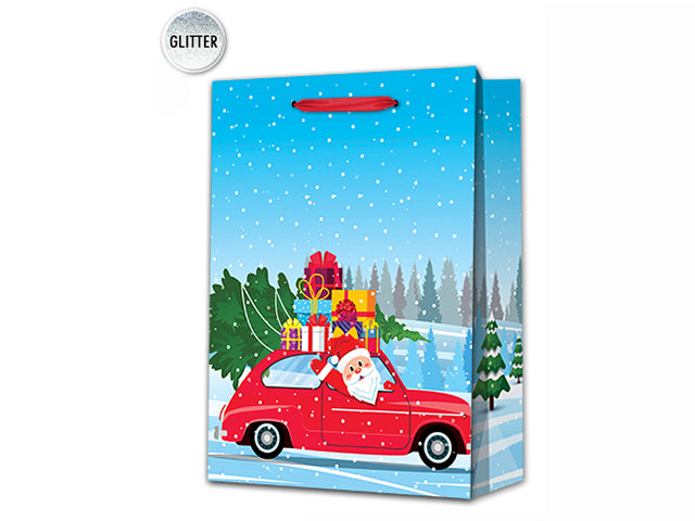 Christmas Matte Cartoon Santa In Car Large Gift Bag With Glitter