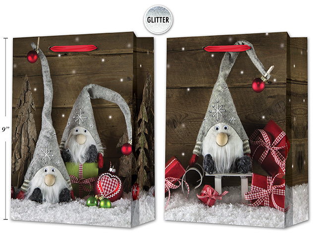 Christmas Matte Photographic Gnome Medium Gift Bag With Glitter