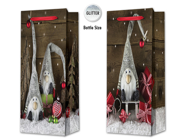 Christmas Matte Photographic Gnome Bottle Gift Bag With Glitter