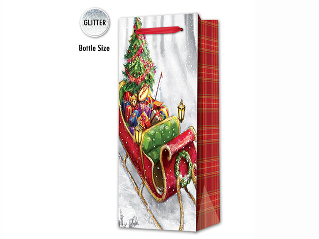 Christmas Matte Tree Or Sleight Bottle Gift Bag With Glitter