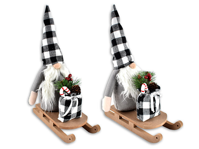 White And Black Buffalo Plaid Gnome On Sleigh