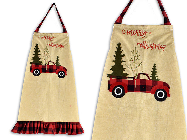 Christmas Jute Adult Apron With Buffalo Plaid Vintage Truck And Border