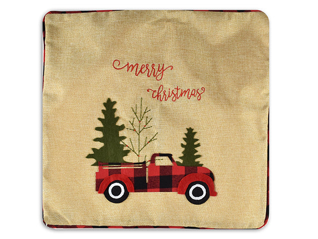 Christmas Jute Cushion Cover With Buffalo Plaid Vintage Truck And Border