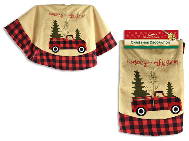 Christmas Jute Tree Skirt With Buffalo Plaid Vintage Truck And Border