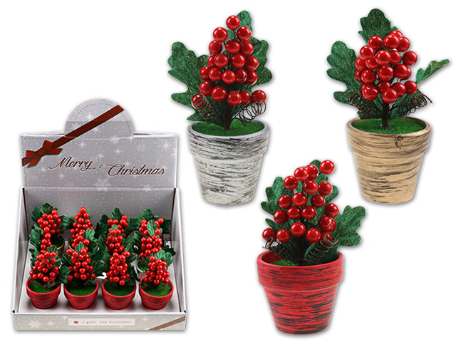 Christmas Holly Berries Picks In A Ceramic Pot