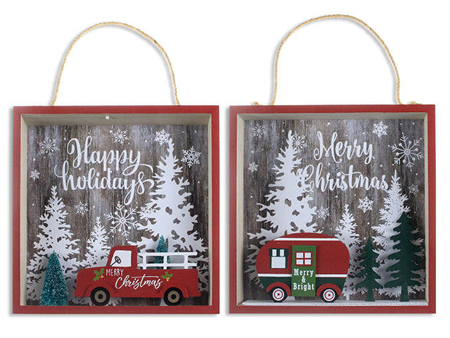 9.5IN 2-LAYERS XMAS TRUCK SCENE SQUARE HANGING MDF PLAQUE W/JUTE HANGE