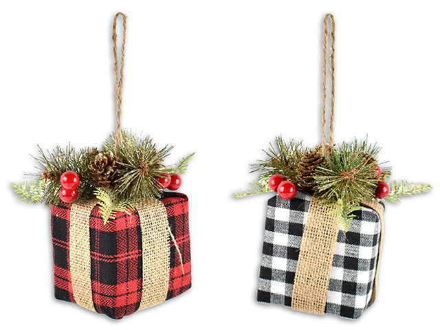 Buffalo Plaid Present Ornament With Pine Cones