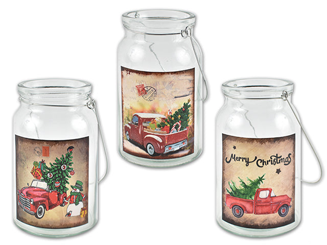 Christmas Vintage Truck Clear Glass Candle Holder