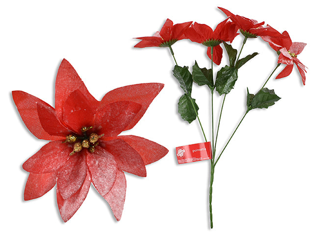 16In 4-Heads Snow Dusted W/Glitter Poinsettia In Display. 5.5In Flower Size. Cht. ??/Dsp.