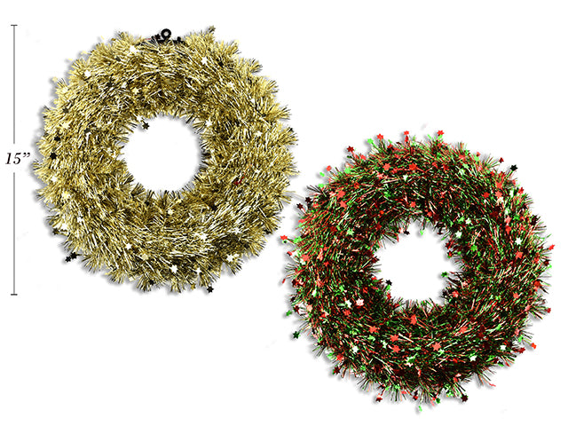 15In(D) Xmas Ornament Ball Tinsel Wreath. 4 Asst.:Red+Green / Red+Gold / Gold / Red. Cht.